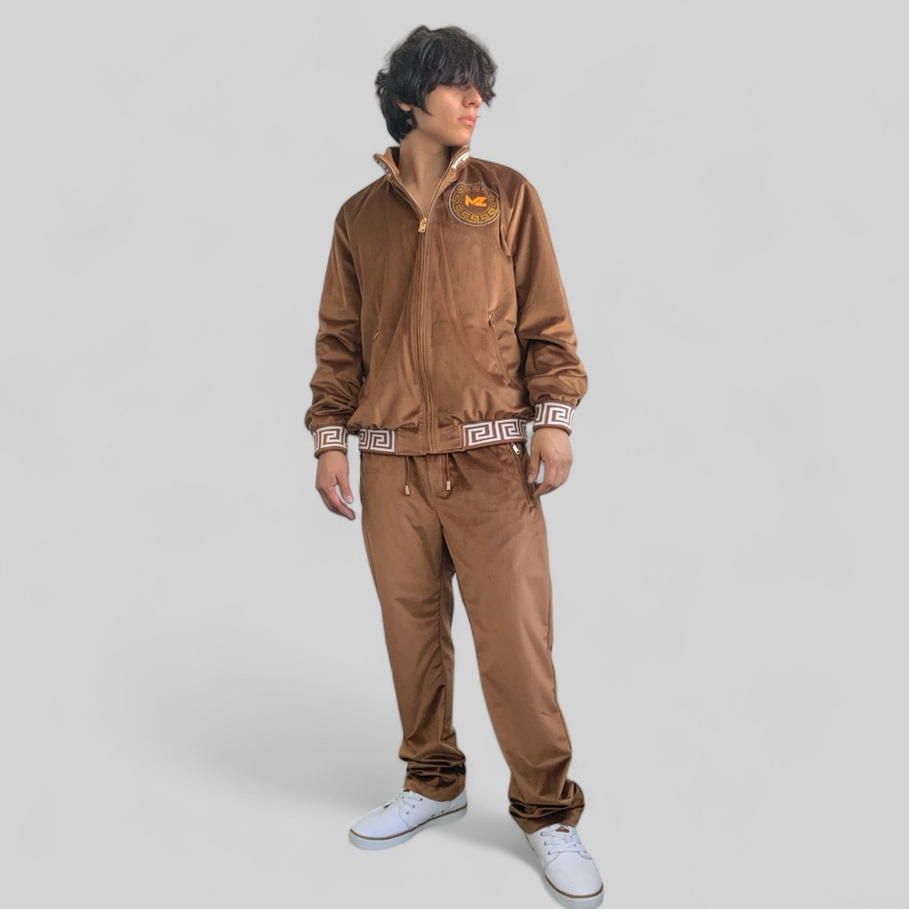 Men’s Manzini Brown | White Velvet Rhinestone Causal Tracksuits NWT
